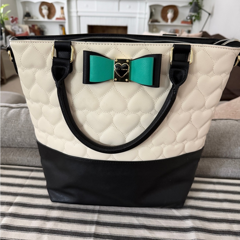 Betsey Johnson Cream and Black Tote with Teal Bow